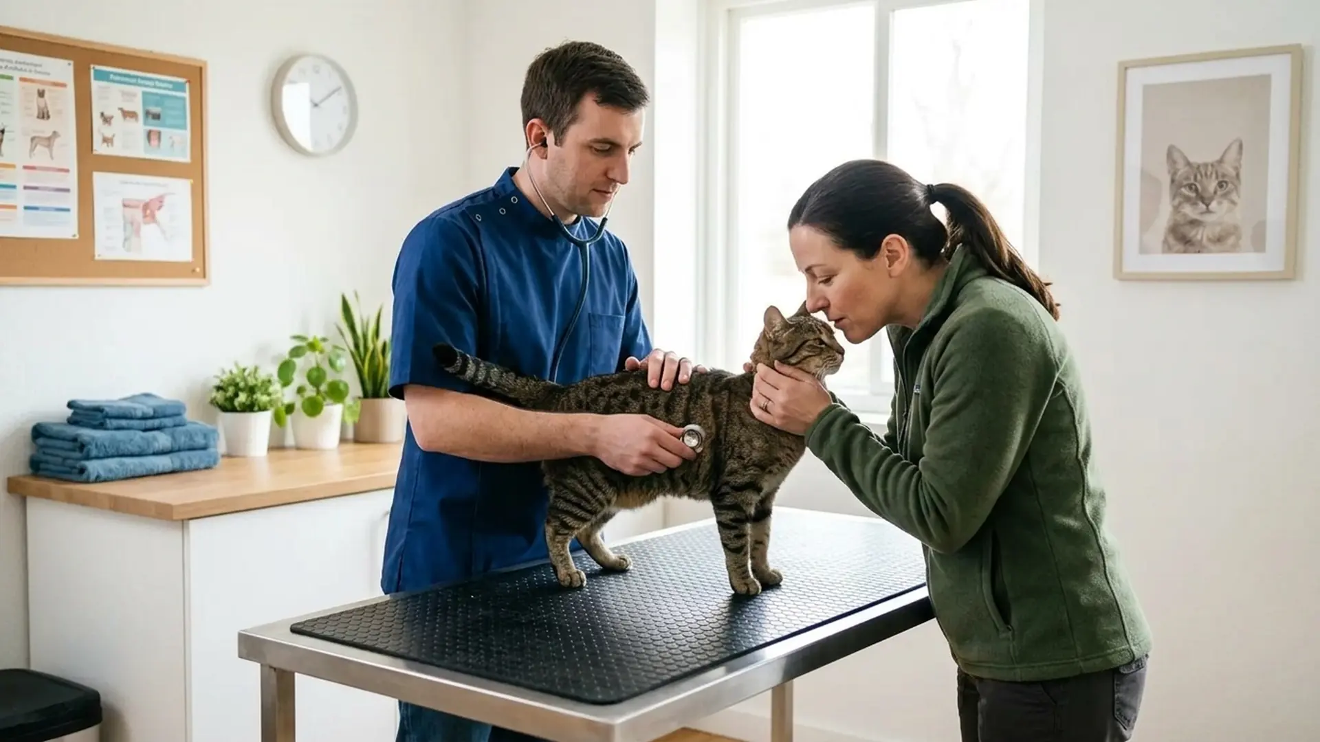Ветеринар осматривает кошку перед оценкой поведения