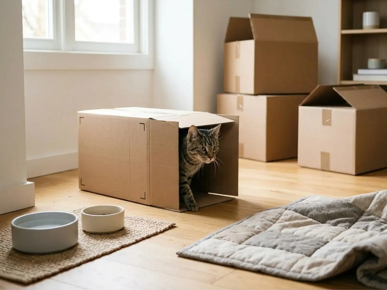 Кошка осваивает комнату после переезда