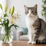 Кошка рядом с букетом лилий — напоминание об опасности цветов для питомца