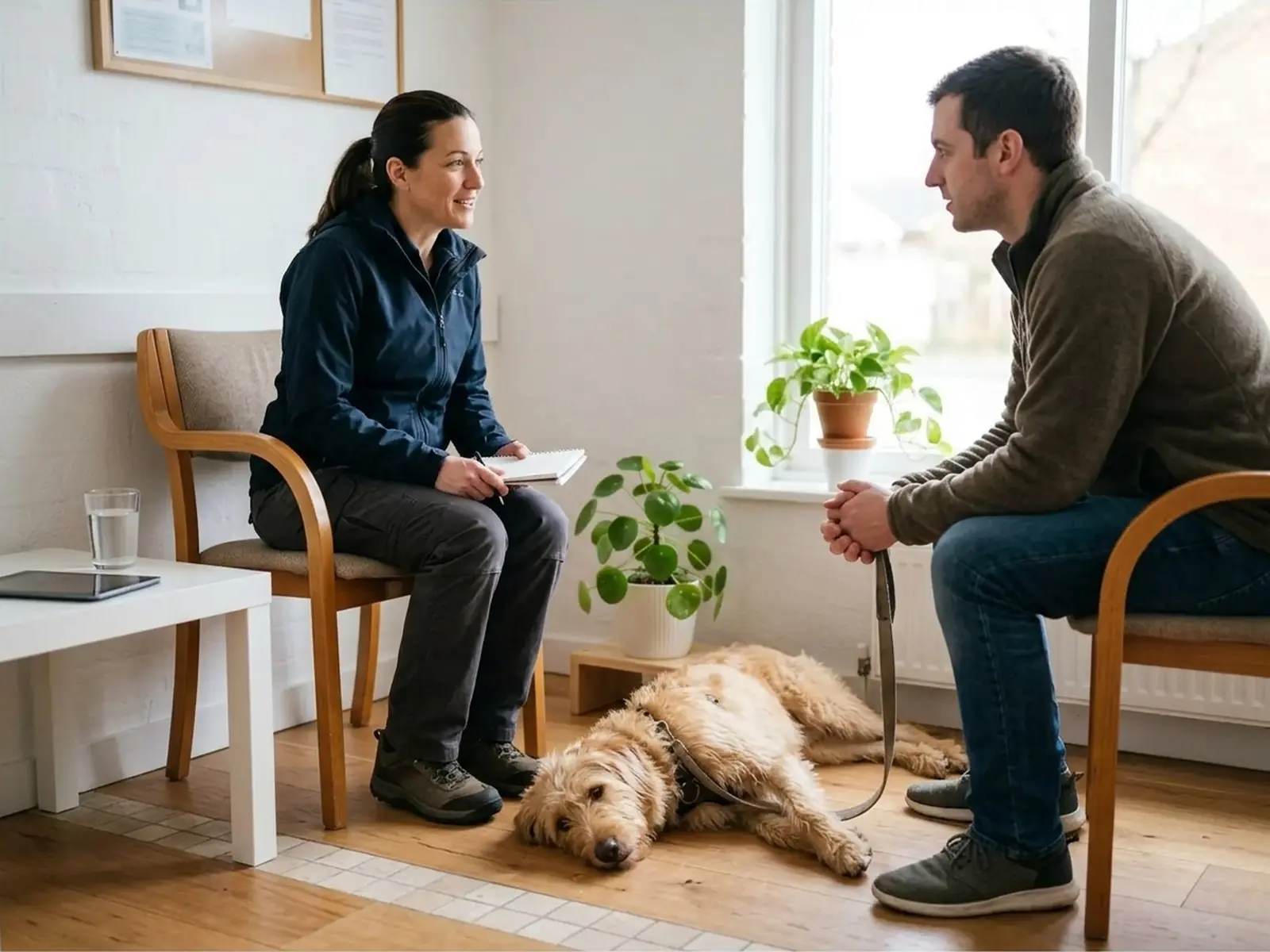 Консультация зоопсихолога: специалист и владелец с собакой в светлом кабинете