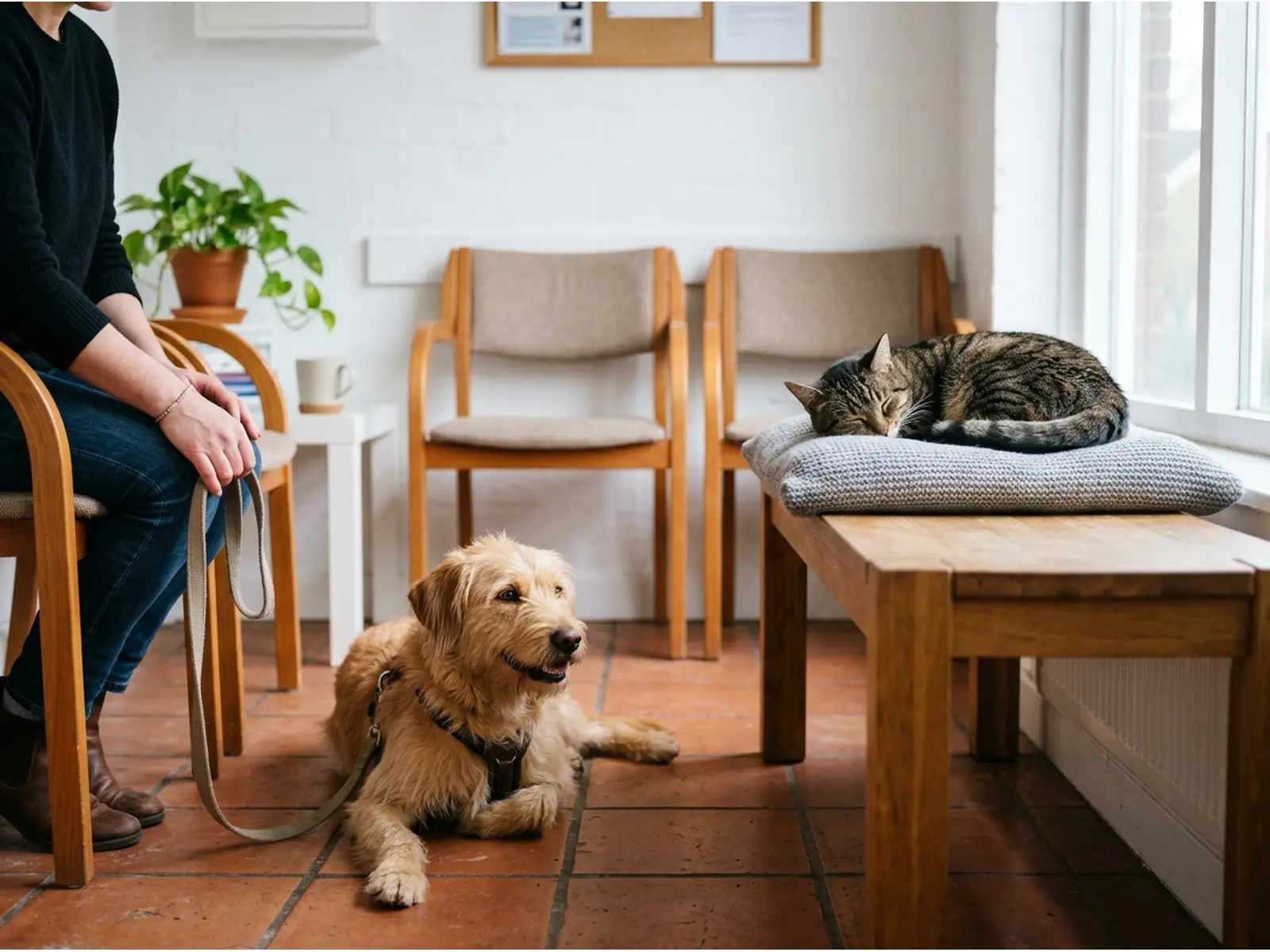 Спокойная кошка и собака рядом с владельцем в уютной обстановке